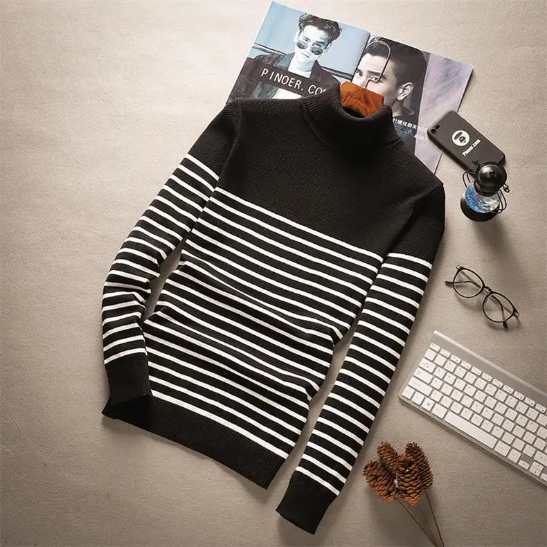 MuLS Striped Sweaters Men Pullover Cotton Knit Male Turtleneck Sweater Jumpers Spring Winter High Neck Knitwear 2018 Autumn New-11