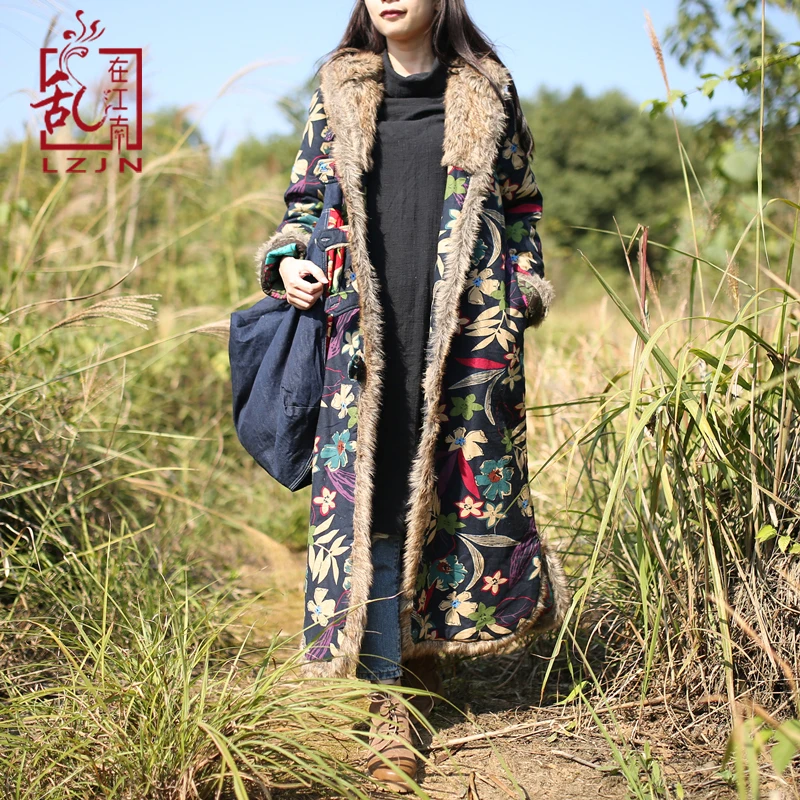 Koop LZJN Enkele Breasted Herfst Winter Jas Bloemen Chinese Katoen Gewatteerde Trenchcoat Hooded Vrouwen Jas Gewatteerde Lange Windjack