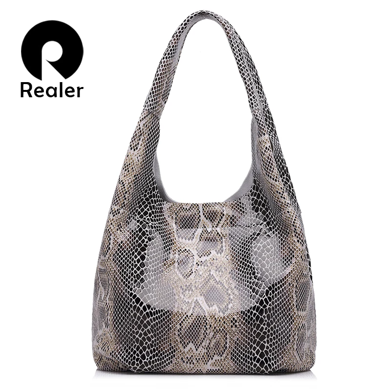 

REALER brand genuine leather handbags women large tote bag classic serpentine prints leather shoulder bags ladies handbags