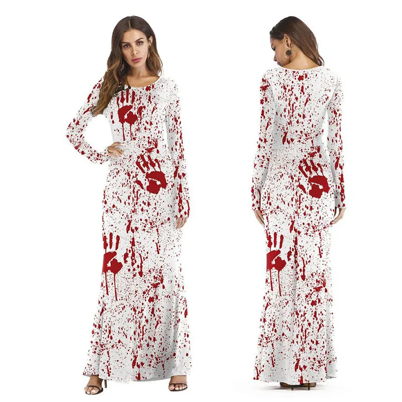 

Girls Ladie Horror Blood Print Hand Print Dress Zombie Costume Scary Bloody Terror Costume Halloween Dresses Outfit For Women