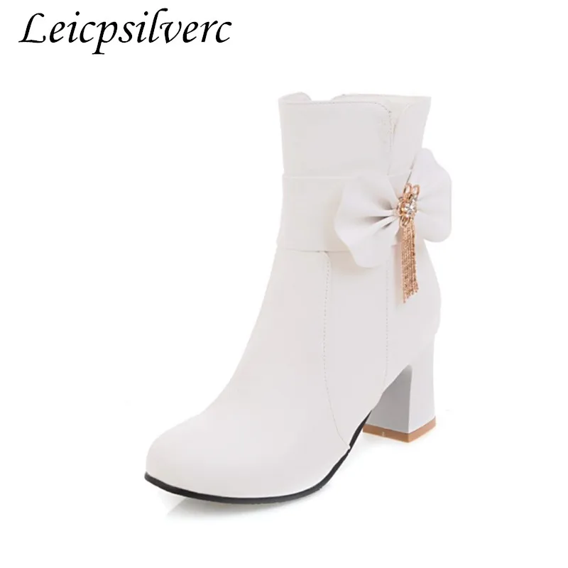 Beste Winter mode populaire Sexy rits Pu Boog Jonge vrouw wortel Hoge hakken vrouwen schoenen warm vrouwen laarzen Grote size 34 44