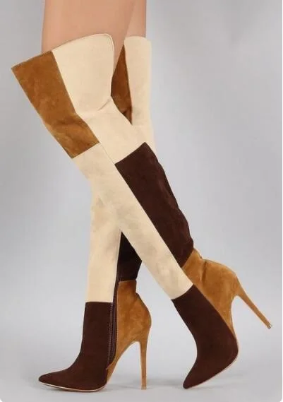 Зимние женские сапоги; коллекция года; джинсовые лоскутные Сапоги выше колен на высоком каблуке с острым носком; обтягивающие высокие сапоги до середины голени; высокие сапоги по индивидуальному заказу