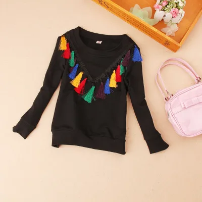 Одежда для девочек коллекция года, Осенняя детская одежда блузка для девочек Модная хлопковая блузка с кисточками Детская рубашка на возраст от 1 до 16 лет - Цвет: Черный