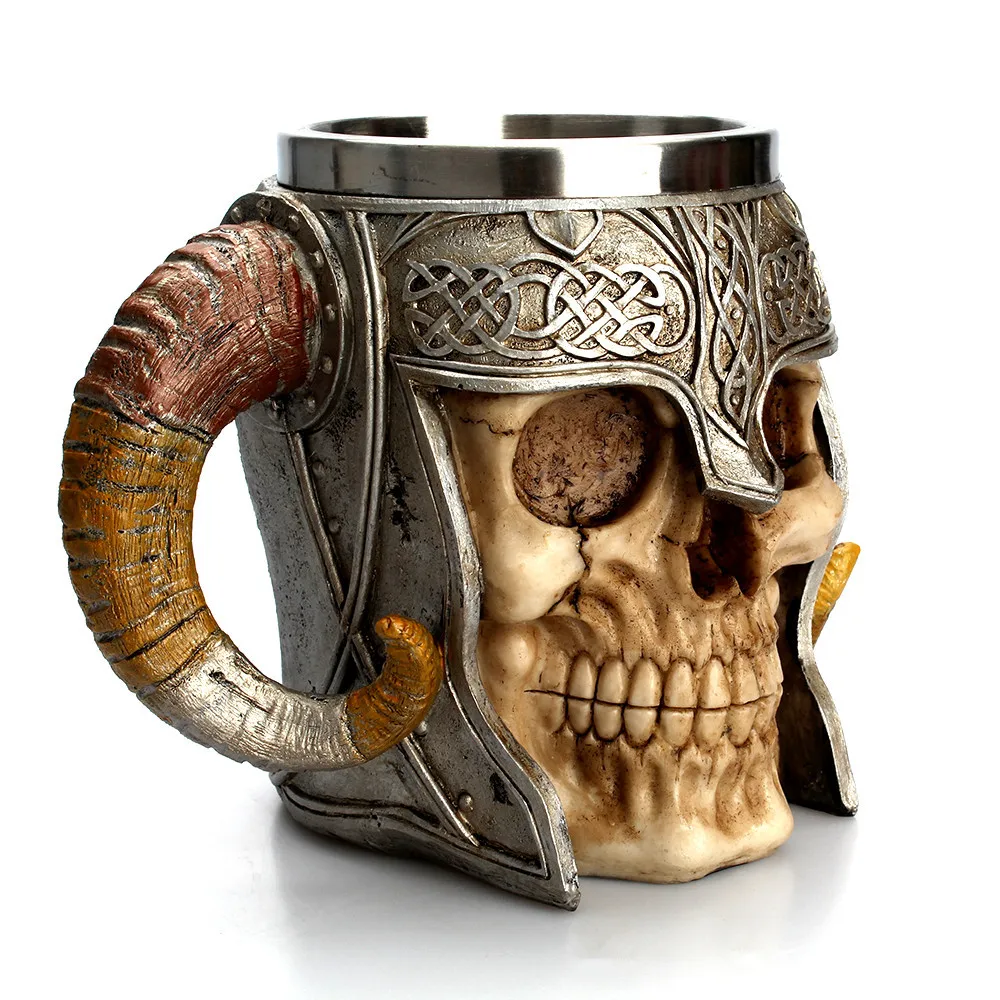 

Stainless Steel Resin Coffee Mug Resin Striking Warrior Tankard Viking Skull Double Wall Christmas Cup Gothic Helmet Drinkware