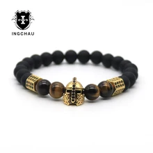 Ojo de tigre Bolas de Piedra Pulsera Masculina Chapado En Oro Cúbico Zirconia Casco Spartan Gladiador Pulsera Hombres Pulseira masculina H71
