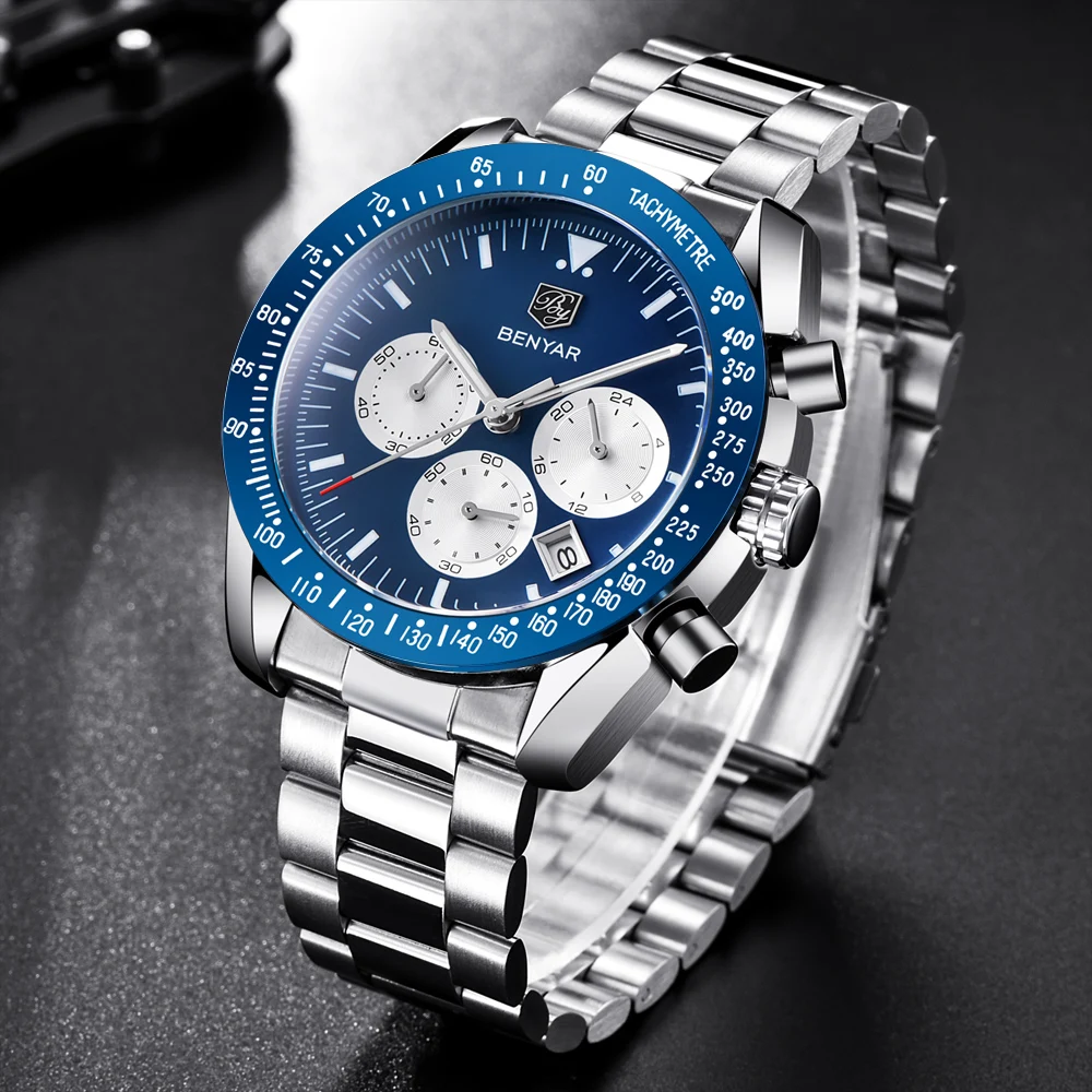 Tanie Benyar mężczyźni oglądać najlepsze marki luksusowe pełna stali nierdzewnej biznes Sport Chronograph zegarek kwarcowy zegarek na rękę mężczyźni zegar mężczyzna relogio masculino saat