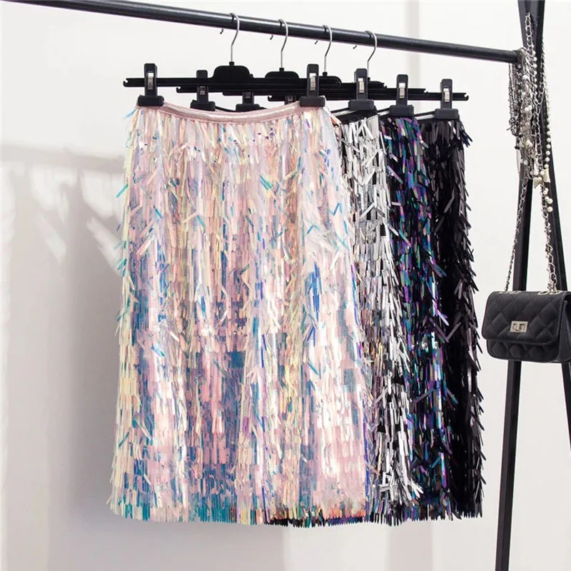 

2019 Spring and summer Sequins Skirts Fashion Beading Knee-Length Empire Sexy Club Elasticated high waist skirt