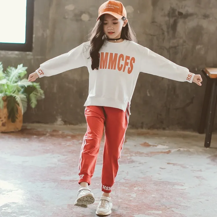 

Girls spring new Korean fashion casual foreign letters letter printing loose sweater striped trousers two sports suit