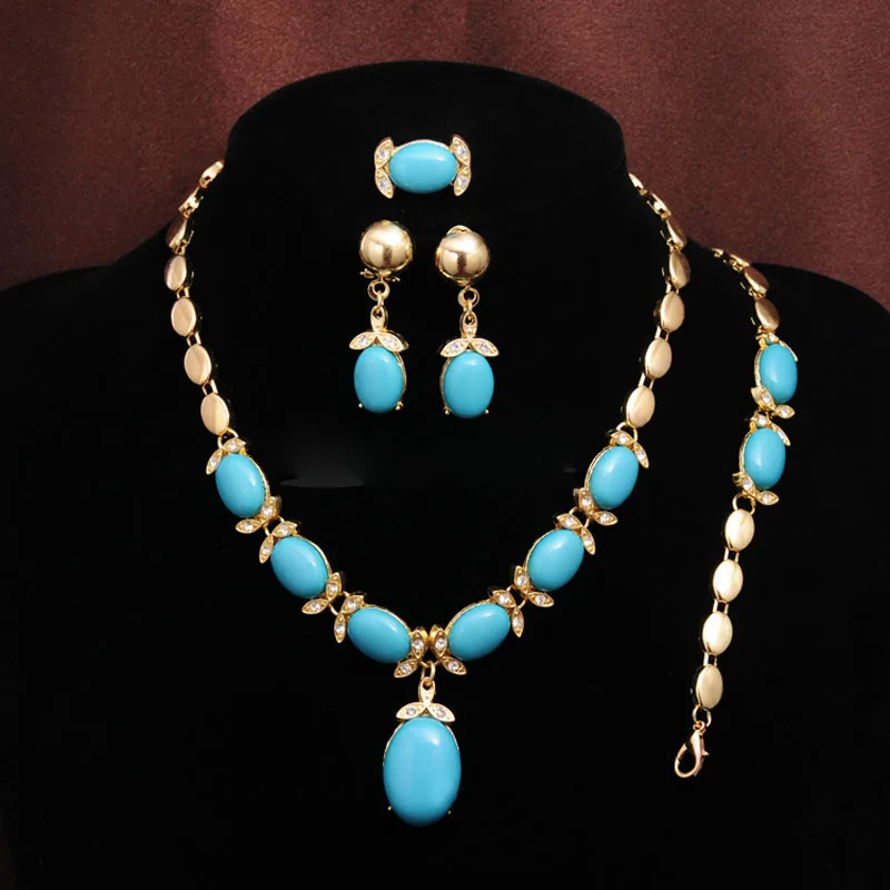 

Bohemian Simulated-Stone African Jewelry Sets for Women Wedding Necklace Earrings Bracelet Ring 4pcs Indian Jewelry Sets Gift