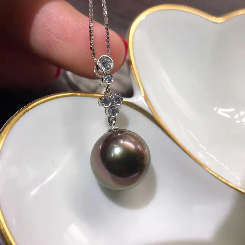 

huge 12-13mm Tahitian black violet pearl pendant solid 18 white gold