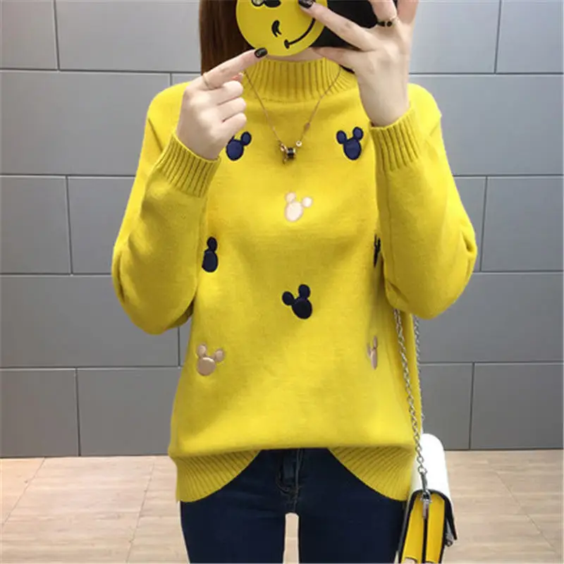 Вязаный пуловер, свитер, новинка, осенне-зимняя женская одежда, теплая водолазка, длинный трикотаж с рукавами, топы, джемпер для женщин X949 - Color: yellow