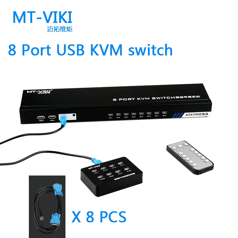 MT-Viki 8 Port Smart KVM SWITCH Manual Press Button VGA USB Wired Remote Extension Switcher 1U with Original Cable 801UK-C
