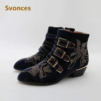

Fashion Classic Women Boots Studded Soft Leather Flower Designer Chunky Heels Flock Zipper Ankle Boots Shoes Woman Espadrille
