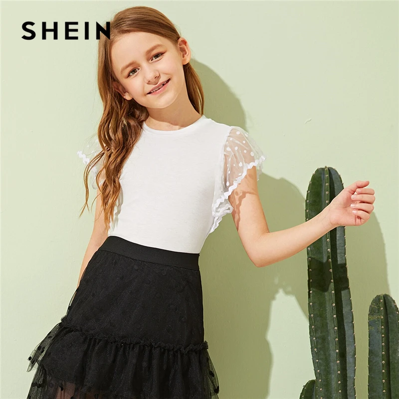

SHEIN Kiddie Toddler Girls White Solid Contrast Mesh Sheer Cute T-Shirt Children Tops 2019 Summer Butterfly Sleeve Casual Tees