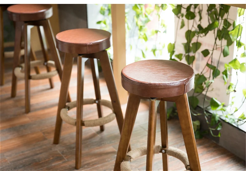 Wooden Simple Style Bar Chair Rotated Multi-function Household High Stool Front Desk PU Seat Balcony Stable Leisure Bar Stool