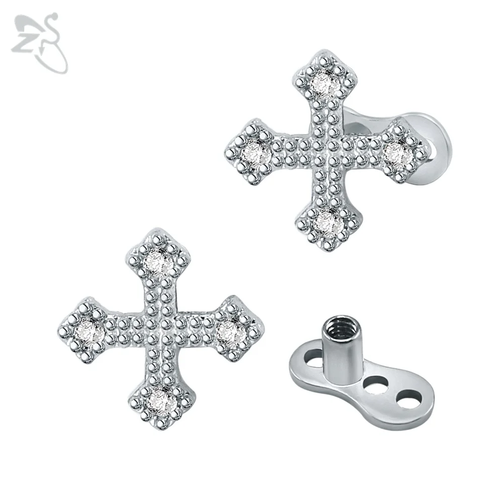 Cross Design Dermal Anchor 316 Stainless Steel Crystal Silver Implant
