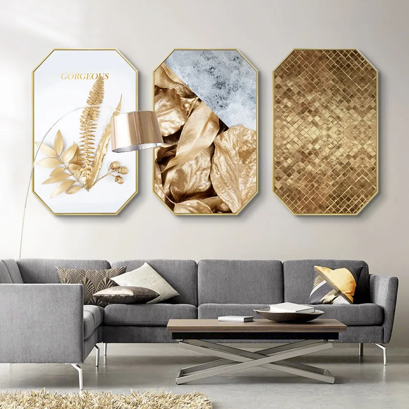 

Golden modern minimalist luxury creative Octagonal decorative painting Restaurant golden leaves wall hangings mural with frame