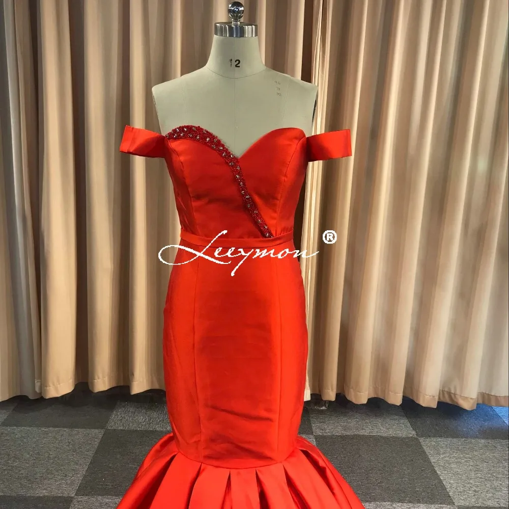 Красное атласное платье с открытыми плечами с юбкой-годе элегантное вечернее платье длинное платье Вечерние платья с бисером и кристаллами vestido de festa longo