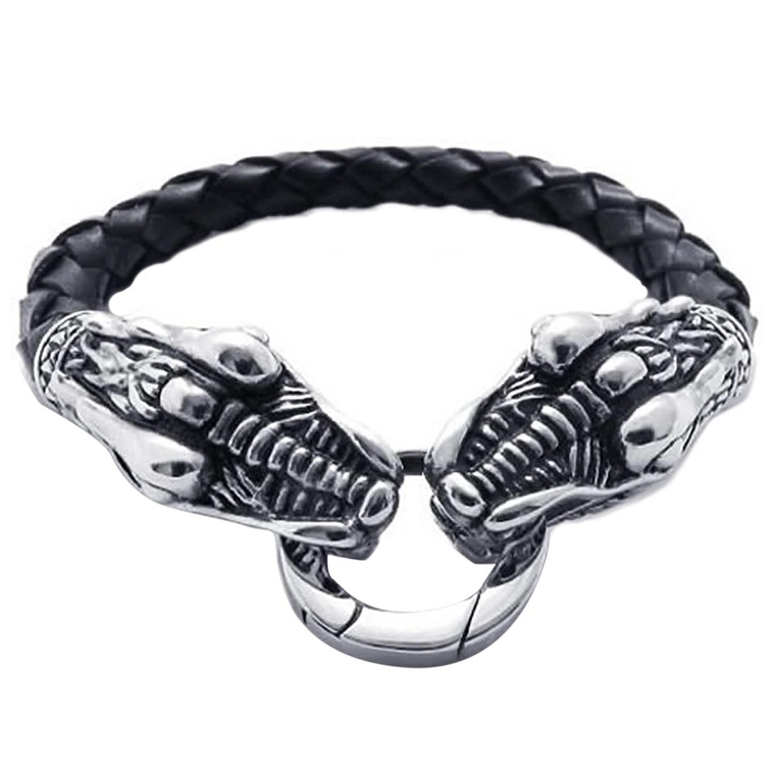 

Jewellery Men's Leather Stainless Steel Bracelet Dragon Head Clasp, Colour Black Silver, Length 8 1/2 inch (with Gift Bag)