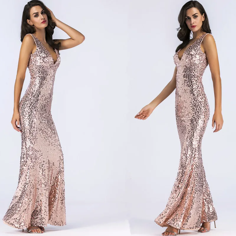 Mermaid Gown Sequin Gala Dress V Neck Robe Soiree Longue