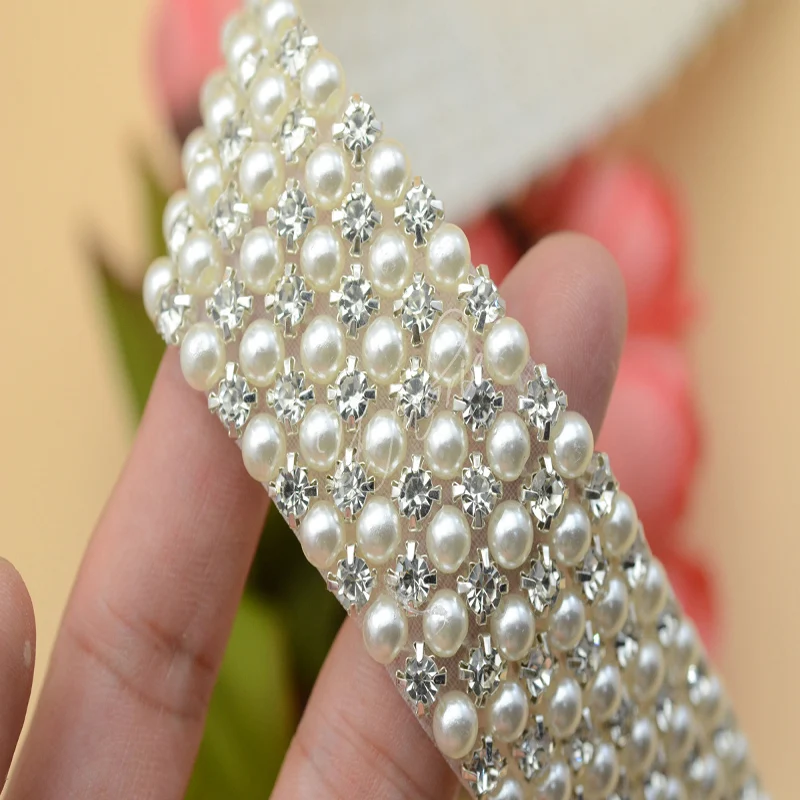 

3 row 6row Crystal AB Rhinestone beaded Pearls Trim Applique Iron On Clothes Dress Crafts 1 Yard