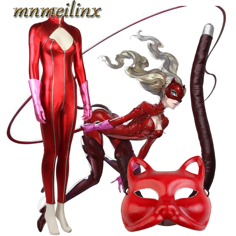 

Anime Persona 5 Ann Anne Megami Tensei Takamaki Cosplay Costume Halloween Custom Made Unisex Jumpsuit with Tail Mask