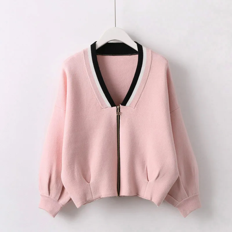 

Spring New Women Knitting Cardigan Girl Fashion Puff Sleeve V-neck Zipper Sweater Pure Color Loose Female Coat Women's Clothes