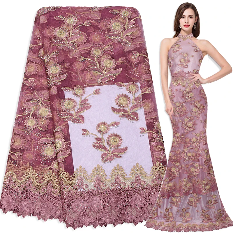

Hot Sell Dust Pink Embroidered Flower African Tulle Laces Fashion Party Women's Dress DIY Fabric Hot-Fix French Mesh Lace Fabric