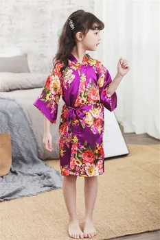 

2019 Bathrobe for Children Satin Children Summer Kimono Bath Robes Bridesmaid Girl Dress Silk Child Nightgown Peony Robes