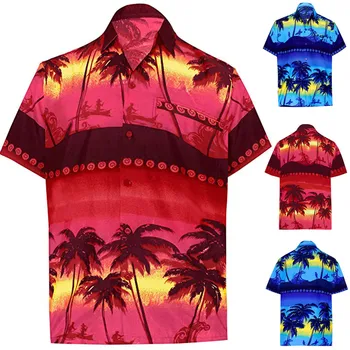 

2019 Summer hawaiian Shirt Men's Button Hawaii Print Beach Short Sleeve Fake Pocket Quick Dry Top Blouse Camisas Hombre