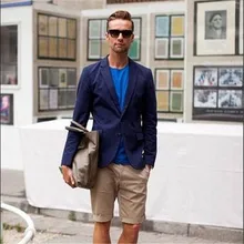 Индивидуальный заказ Повседневное синее пальто с хаки короткие брюки костюм для Для мужчин из 2 предметов(куртка+ брюки+ галстук) masculino Trajes De Hombre блейзер