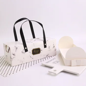 

200pcs Elegant Marble Design Cake Roll Box with Handle Swiss Roll Bakery Packaging Box 25*9.3*8.9cm wen6611