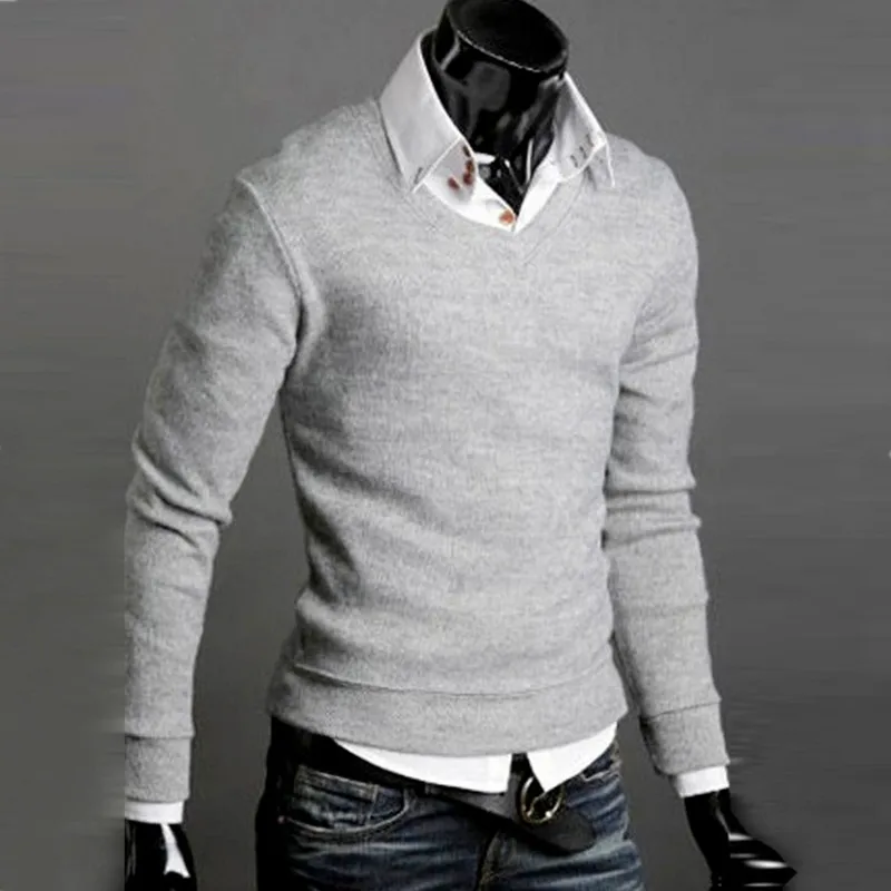 Весна Осень Новая мода Мужская v-образным вырезом вязаный мужской свитер с длинным рукавом сплошной цвет свитер мужской пуловер тонкий топы 67