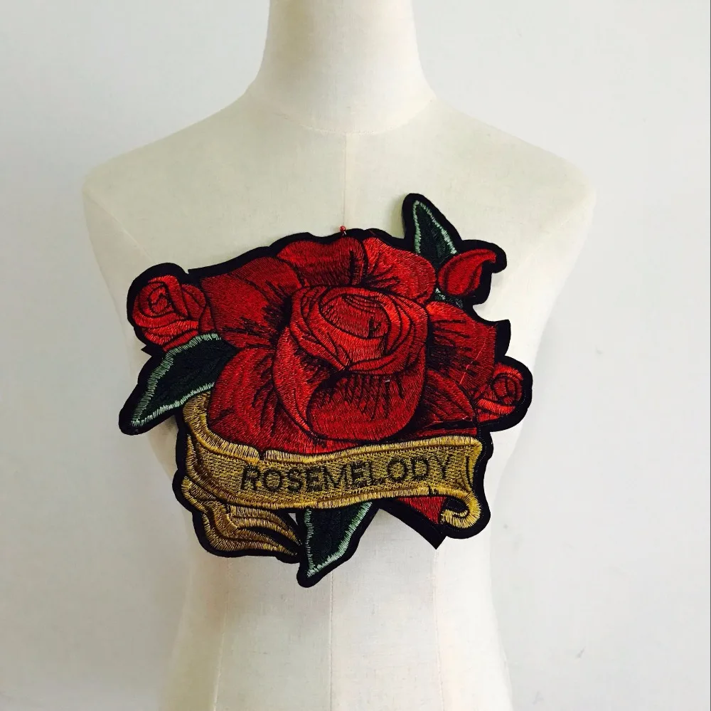 23*23cm Big Red Rose Embroidery Stickers Garment DIY Accessories for