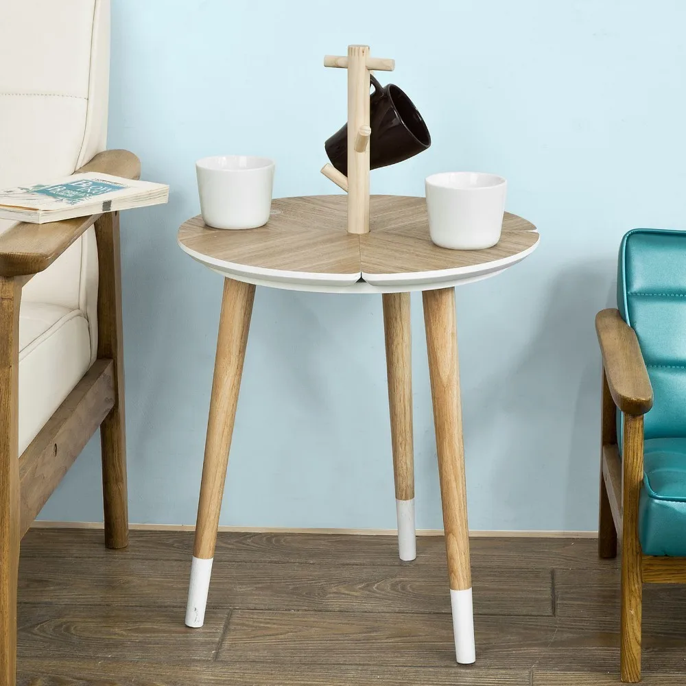 SoBuy FBT38-WN, Round Wooden Side Table, Tea Coffee Table, End Table with 5 Cup Holders