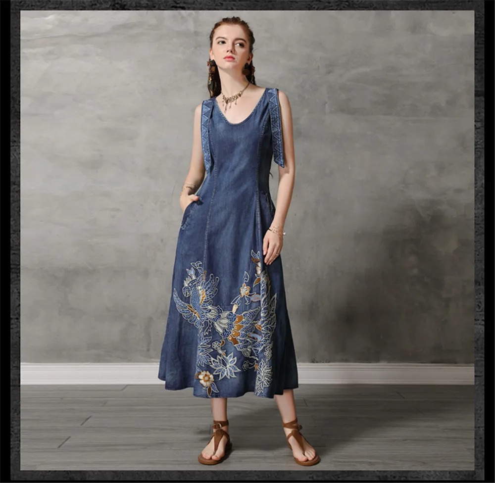 Vintage Summer Tank Dress 2019 Cotton Women Denim Dresses O-Neck Sleeveless Vintage Embroidery Swing Hem Sundress 82168  (11)