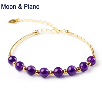 

Romantic Amethyst Bracelets 925 Sterling Silver Jewelry Natural Purple Amethyst Bead Bracelet Charms Length 16-20 Cm Adjustable