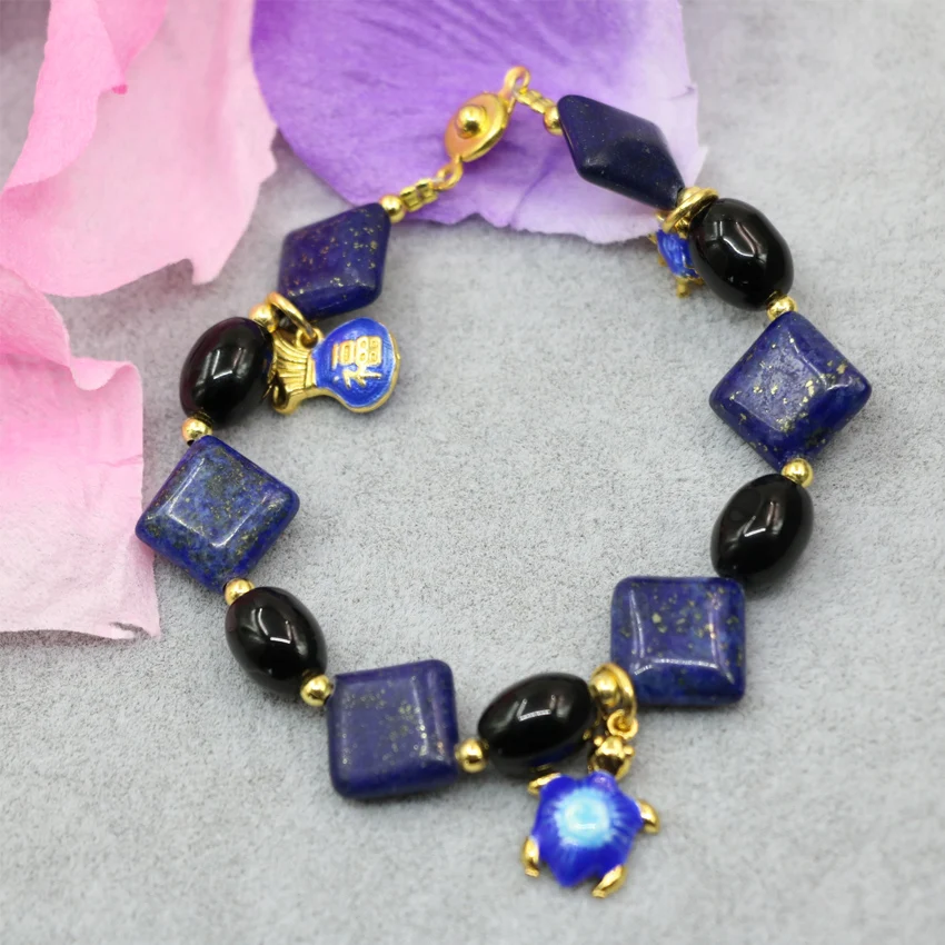 

2 type natural blue lapis lazuli stone 12mm 14mm square pearl beads bracelet cloisonne spacers tassels diy jewelry 7.5inch B2951