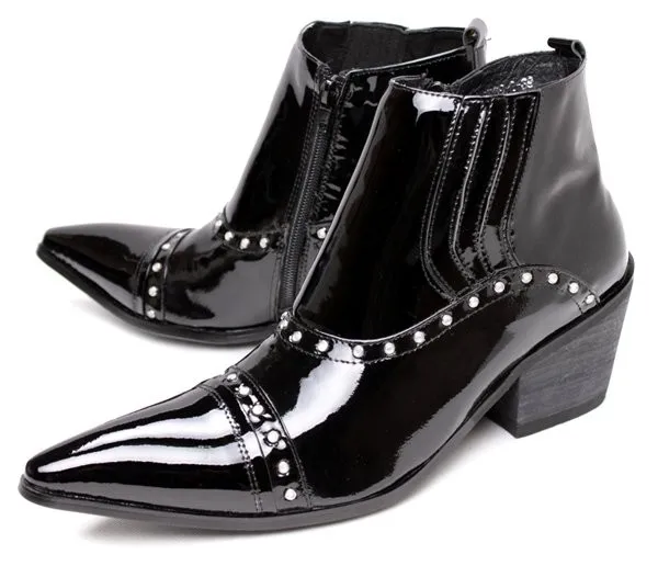 Italy Pointed Toe Winter Runway Boots Hombre Patent Leather Western