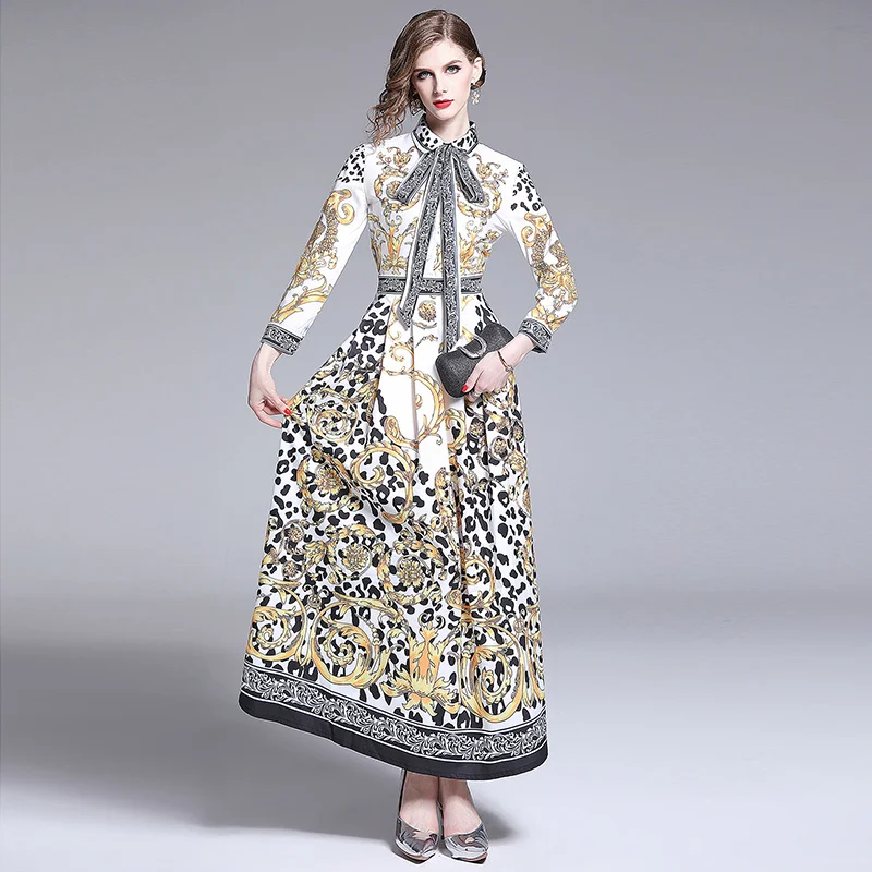 

Runway Autumn Long Sleeve Maxi Dresses Women's Turn Down Neck Bow Detailing Vintage Floral Leopard Printed Robe Long Dress