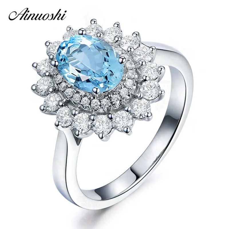 

AINUOSHI Pure 925 Silver Natural Topaz Sunflower Ring 1.5 ct Oval Cut Sky Blue Topaz Halo Ring Woman Engagement Wedding Ring