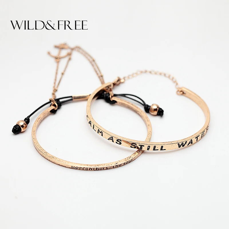 

Bohemia 2 PCS Opening Anchor Bangles Set For Women Ladies Vintage Carving Letter Soul Charm Bracelets Adjustable Fashion Jewelry