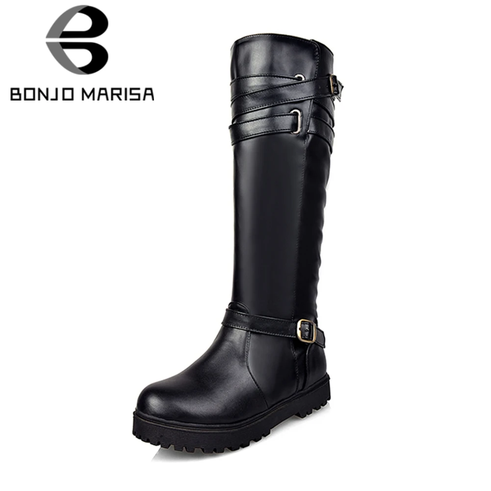

BONJOMARISA Hot Sale Women Riding Boots Buckle Decoration 2.5cm Low Heels Women Mid Calf Boots Female Shoes Woman Big Size 34-43