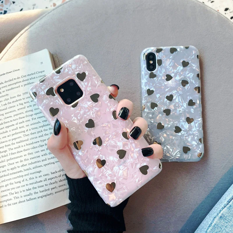 

Shiny Gold Plating Heart Polka Dot Case For Huawei P20 Mate 20 Pro P30 Honor 10 Honor20 Nova 3i 3 4 5 P Smart Plus Back Cover