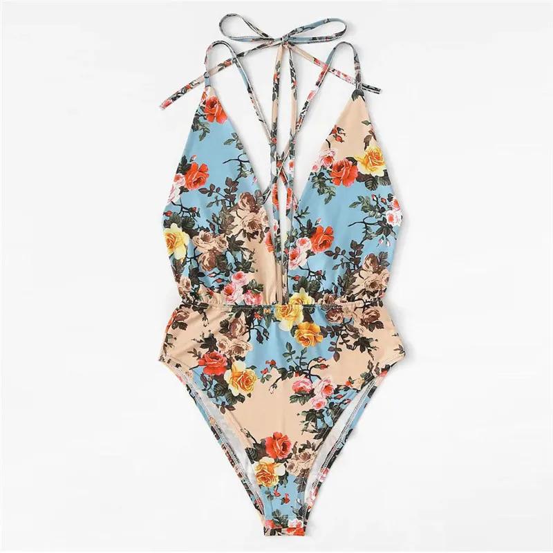 Women Jumpsuits Women's Deep V-neck Halter Sleeveless Tights Leotard Print Leotard Top combinaison grande taille femme 35