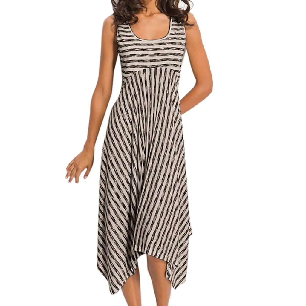 

CHAMSGEND Women Dress 2019 Women Casual High Waist Stripe Dress New O-Neck Irregular Hem Sleeveless Party Club Beach Dress Apr23
