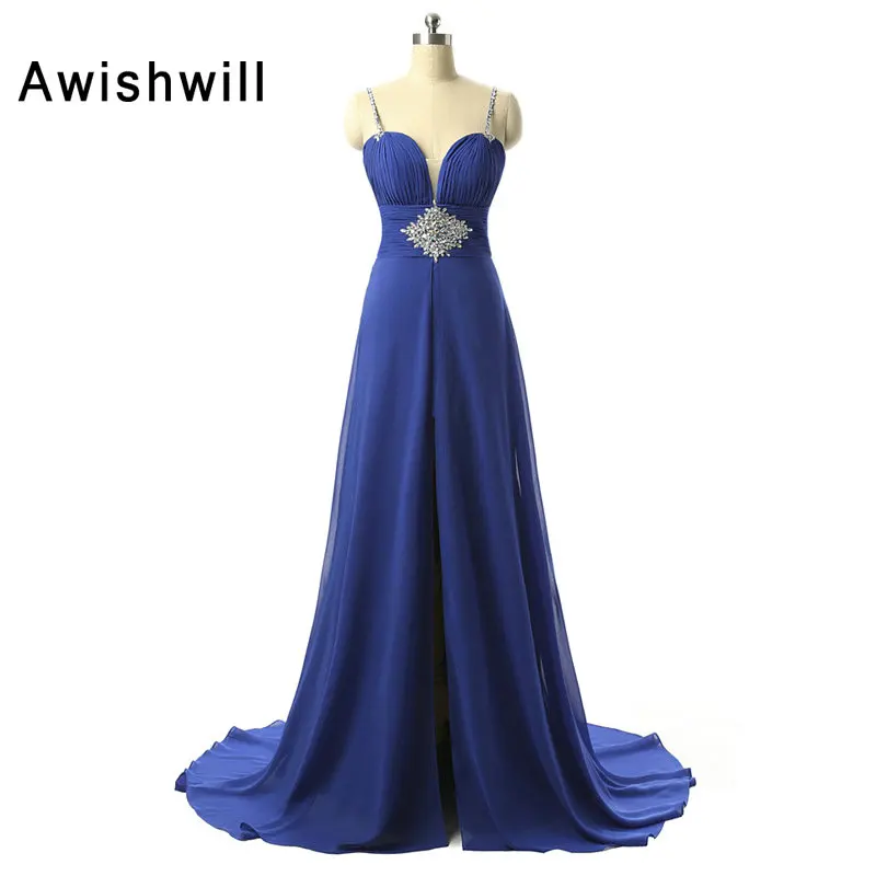 2020 Royal Blue Chiffon Long Evening Dress Spaghetti Strap Open Back Formal Wedding Party Gowns Robe de Soiree Longue Prom | Свадьбы и
