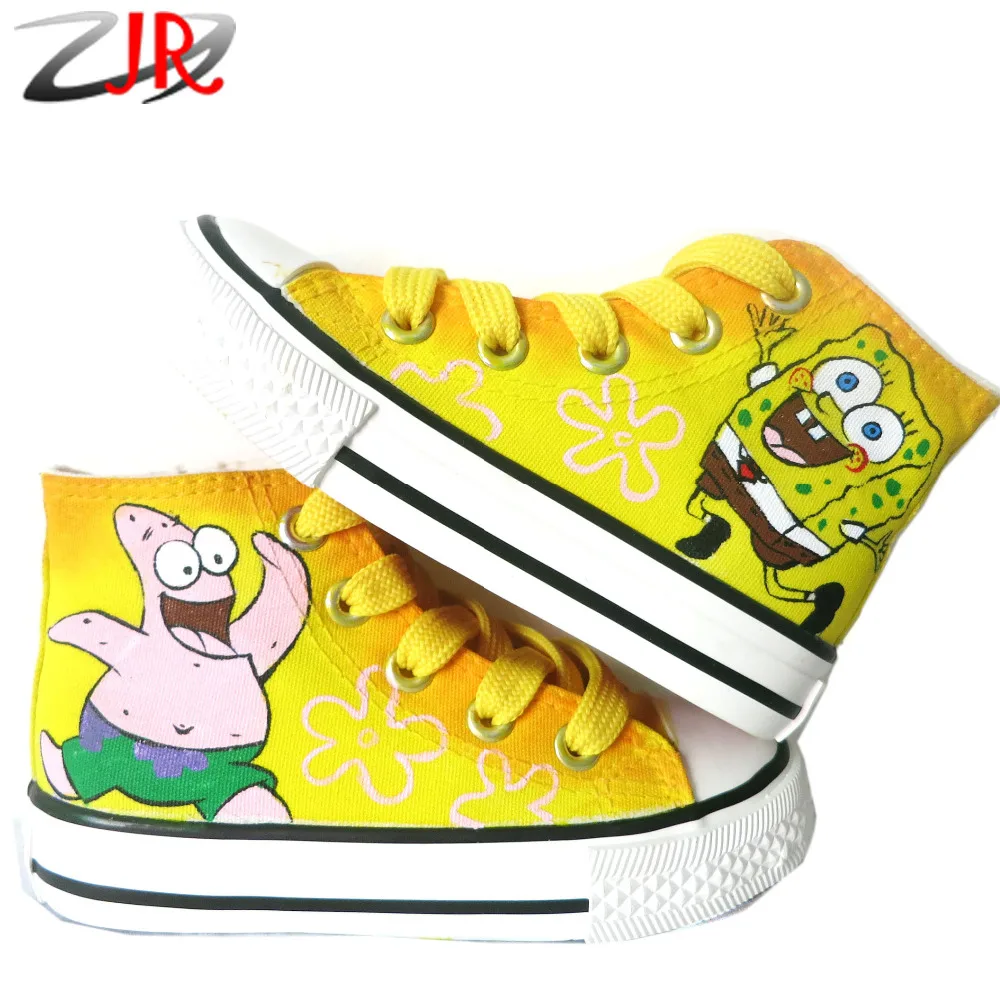 Bob esponja patrón niño lienzo pintado a mano los zapatos Zip Lace Up moda  cómodas para niños Spongebob zapatos para niñas