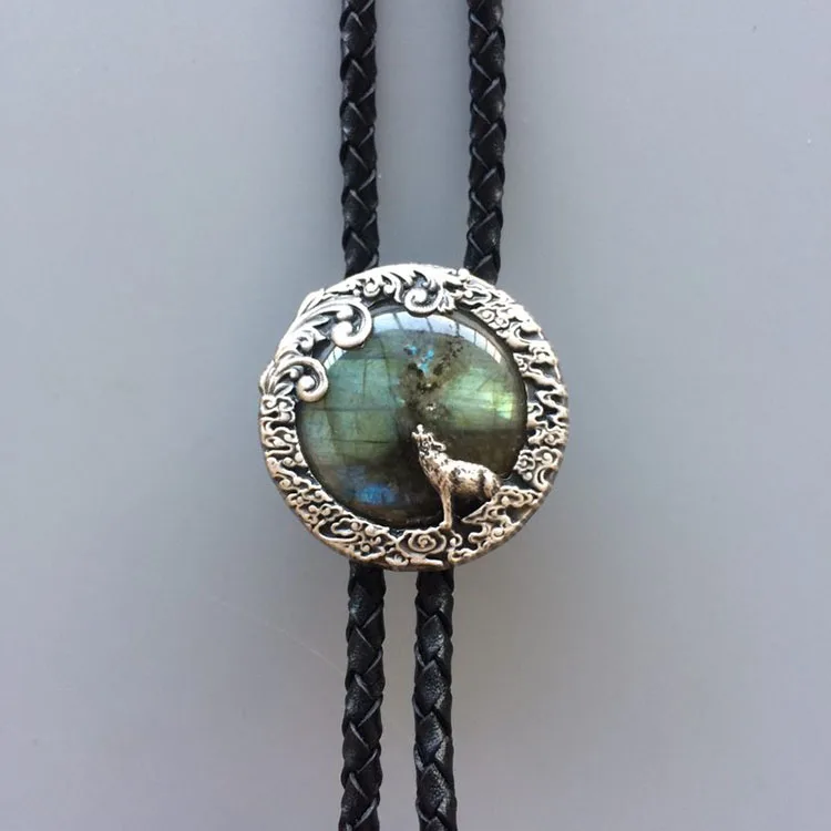 

New JEAN'S FRIEND Original Vintage Silver Plated Nature Labradorite Stone Moon Wolf Bolo Tie Each Stone is Unique