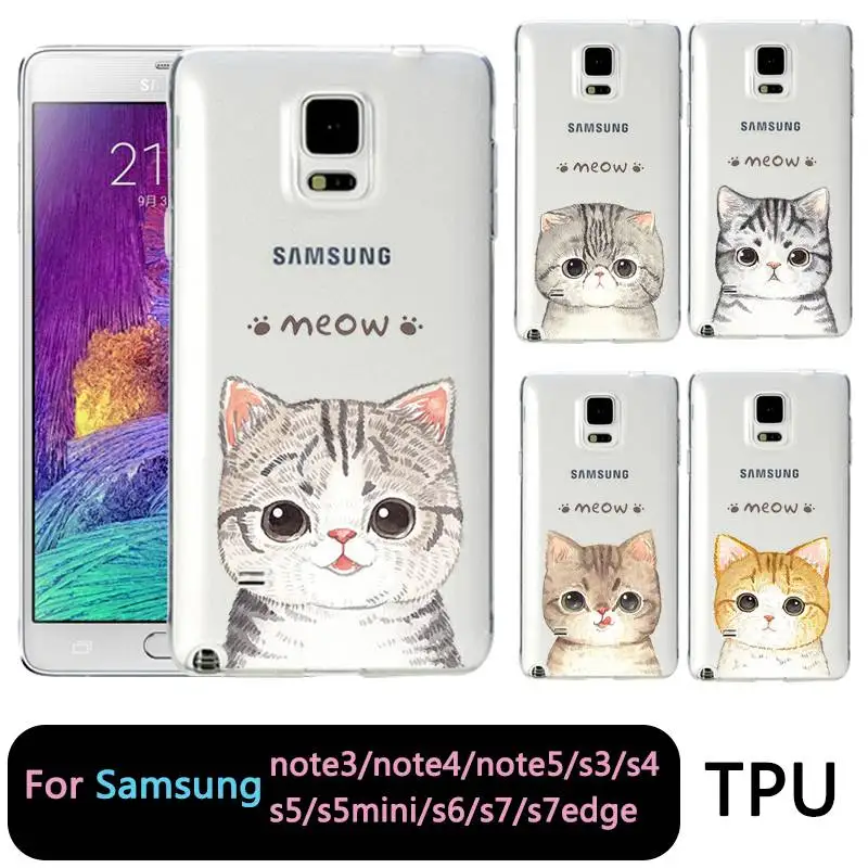 

QMSWEI TPU Soft Phone Case For samsung S8 s6 s7 edge s4 s5 s3 C5 C9 note3 note4 note5 Clear Cat Cartoon Back Cover Free shipping